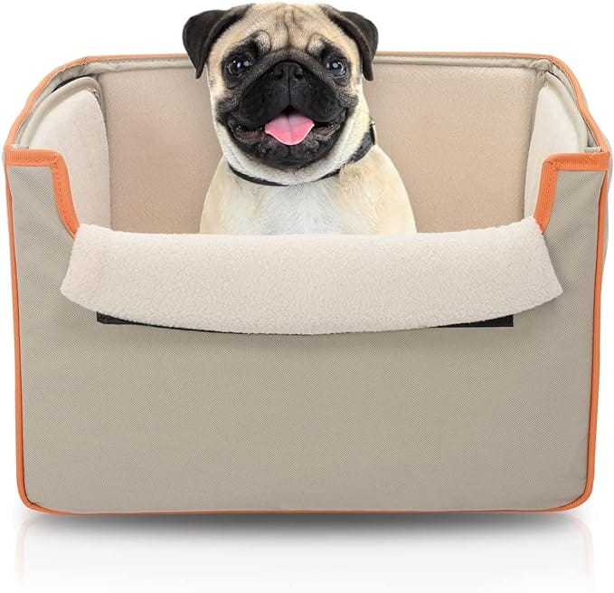 Siège de voiture pliable pour animal domestique avec coussin recouvert de polaire en peluche beige ou noir –  chiens et chats de moins de 9 kg